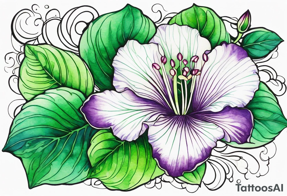 An outline of a green rio dipladenia flower and a green/purple watercolor in the background tattoo idea