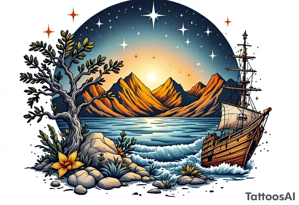 tattoo that has an acacia tree with mountains, ocean with a ship wreck and the northern star tattoo idea