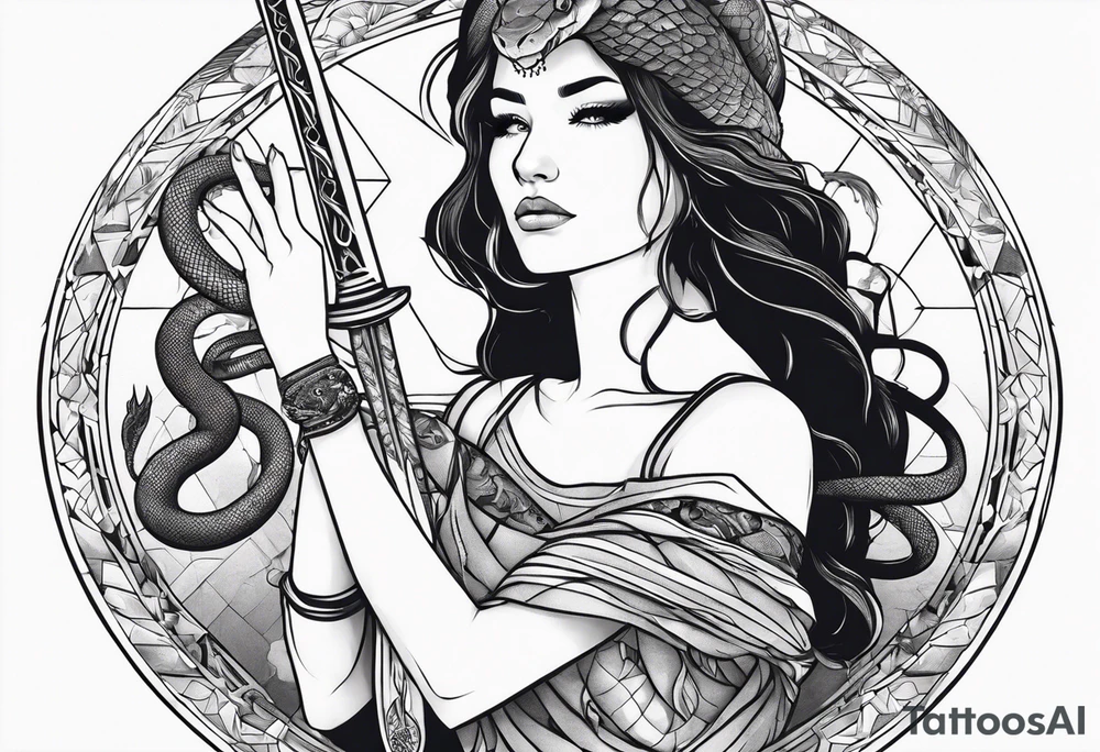 A women looking at a sword holding earth in her hand with snake around her arm tattoo idea