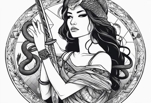 A women looking at a sword holding earth in her hand with snake around her arm tattoo idea