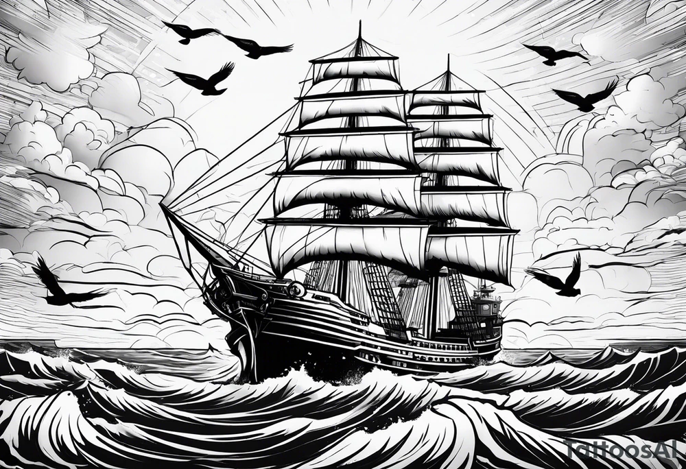 huge ship in the sea with sun on the sky and birds
without many details tattoo idea