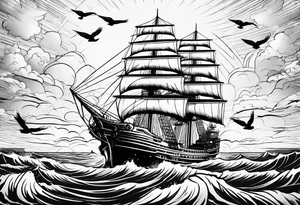 huge ship in the sea with sun on the sky and birds
without many details tattoo idea