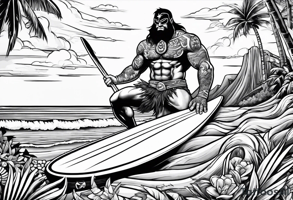 beachbum superhero on a surfboard with tiki guys tattoo idea
