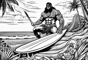 beachbum superhero on a surfboard with tiki guys tattoo idea