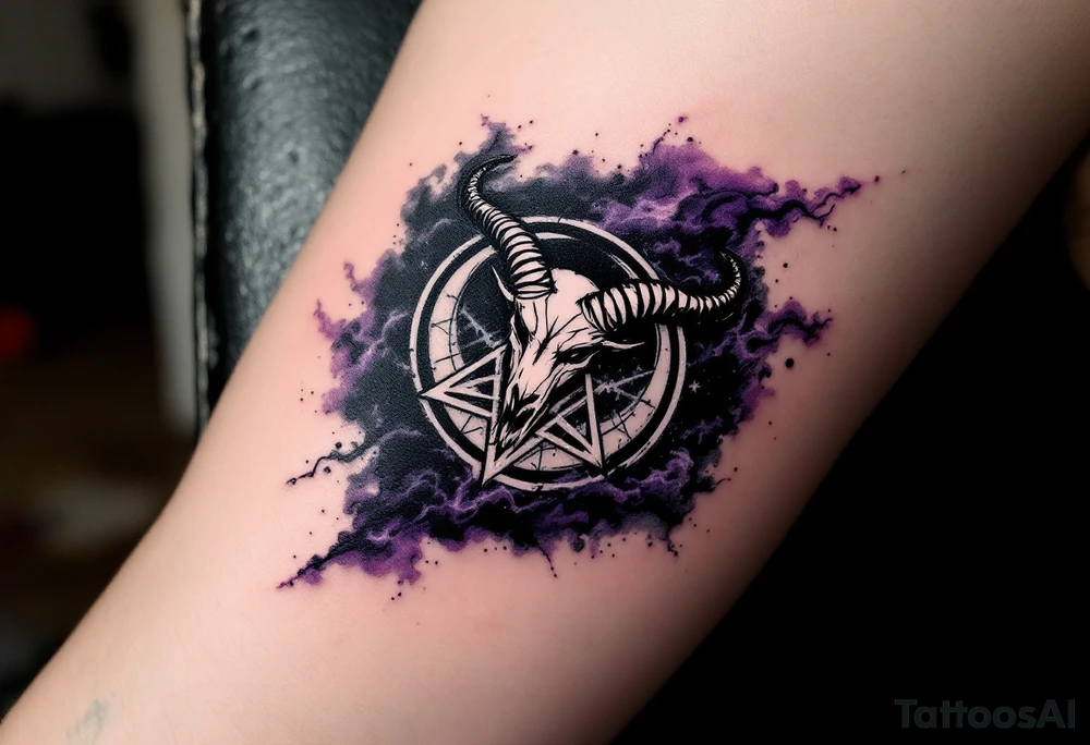 Baphomet sigil with cosmic smoke – A circular occult symbol with the goat-headed Baphomet at the center, shrouded in purple smoke and black haze. tattoo idea