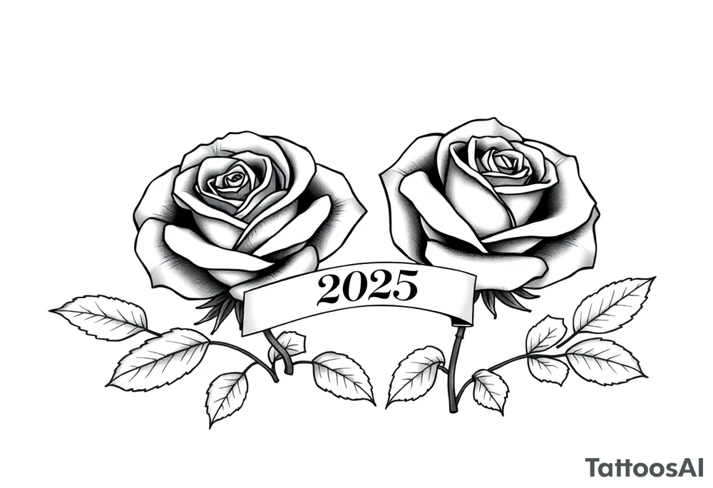 two beautiful large rose buds, one larger than the other, with many leaves next to the rose buds, with one sitting slightly higher than the other, side-by-side.  Include a banner connecting the two roses with the year 2025 on it.   Use dark outlines with little shading. No stems tattoo idea