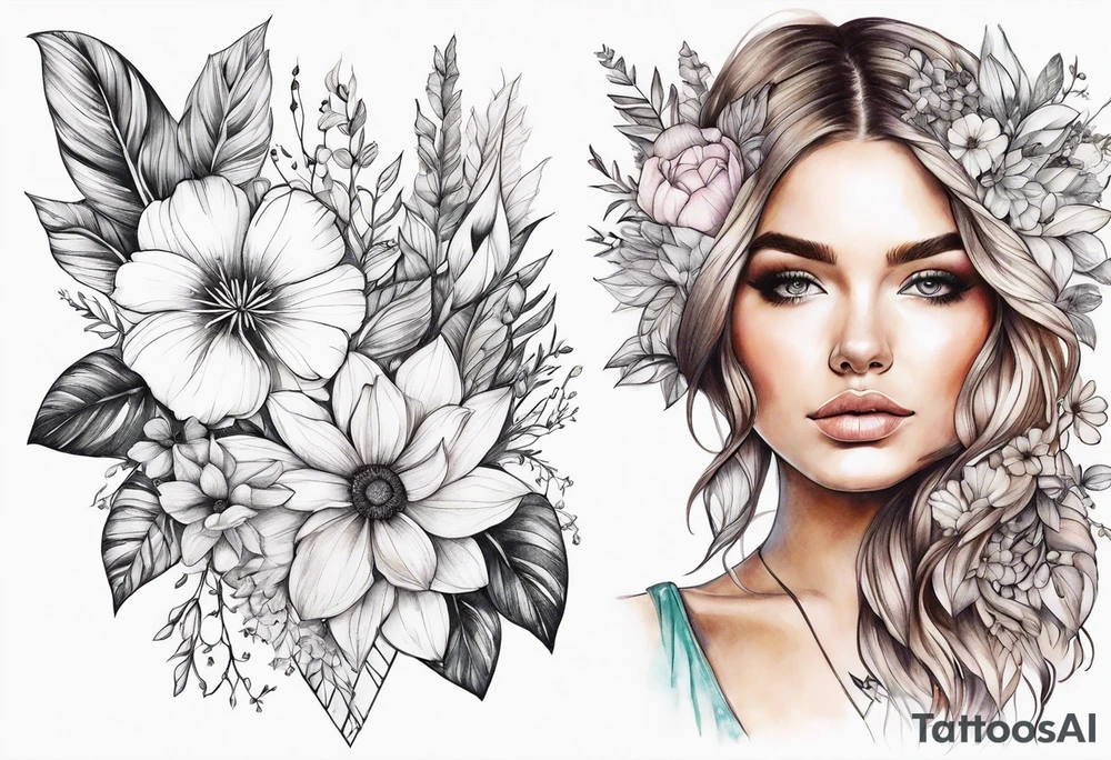 botanical, flowers, colorful, boho tattoo idea