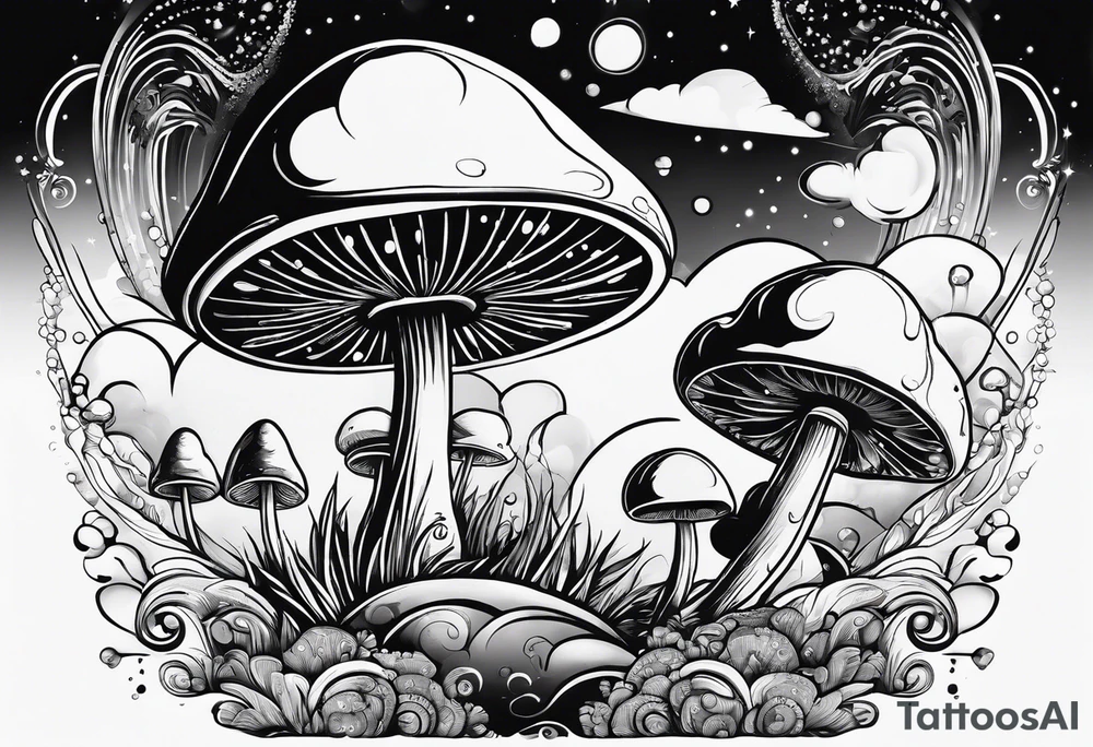 Psychedelic mushroom rocketship bursting out of bubble into spiritual realm tattoo idea