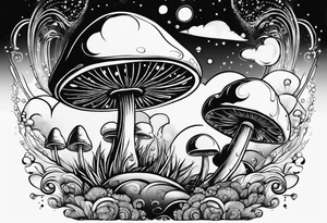 Psychedelic mushroom rocketship bursting out of bubble into spiritual realm tattoo idea