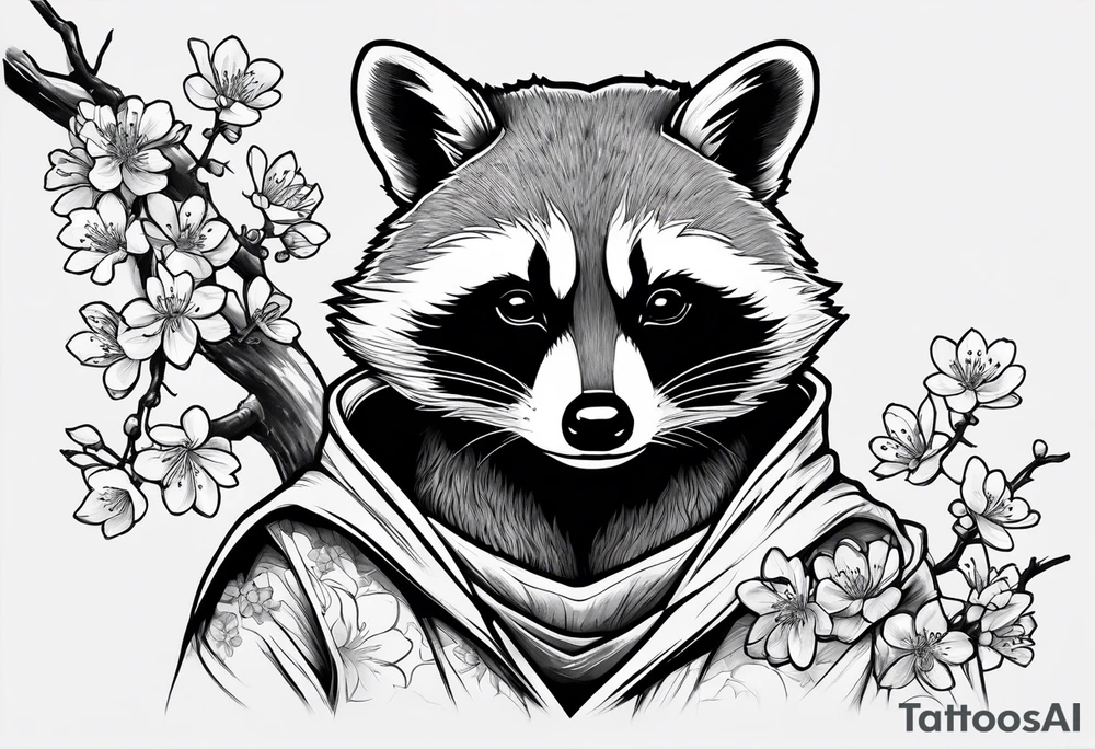 Raccoon wearing a Superman hoodie and Japanese cherry blossoms tattoo idea