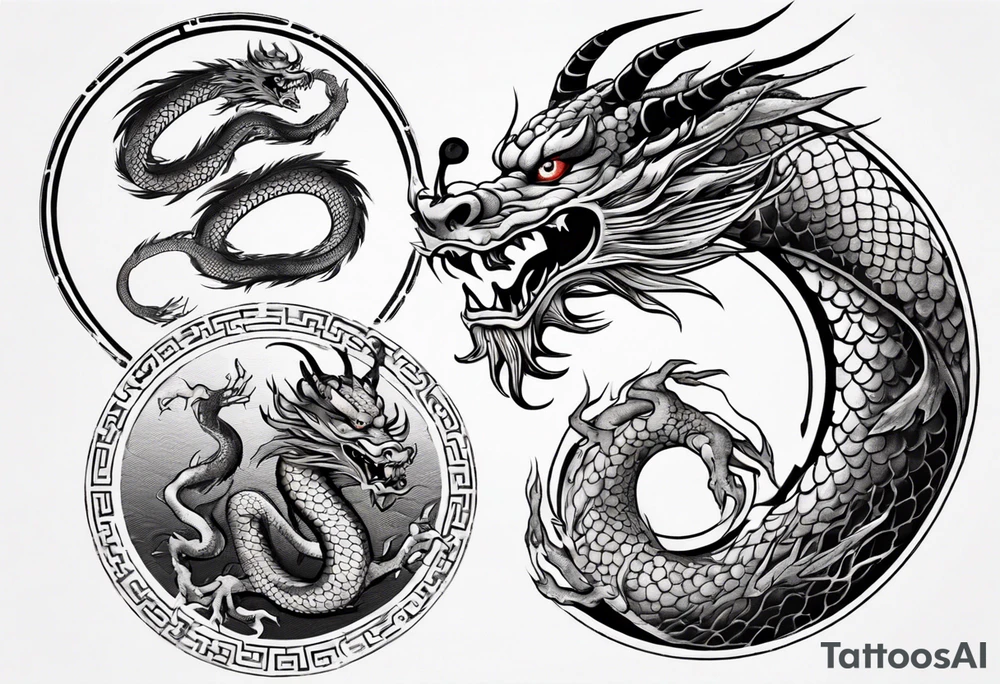 Chinese dragon in a circular shape with "02.03" written on its skin tattoo idea