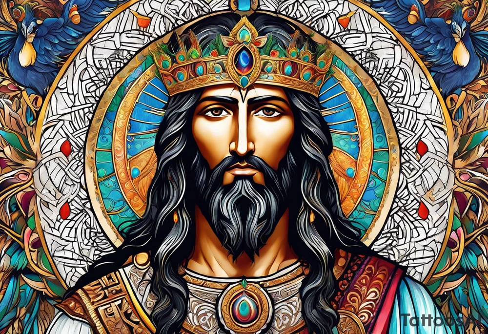 flat stern byzantine Christ with all-demanding eyes with a halo made of peacock feathers tattoo idea
