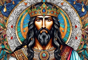 flat stern byzantine Christ with all-demanding eyes with a halo made of peacock feathers tattoo idea