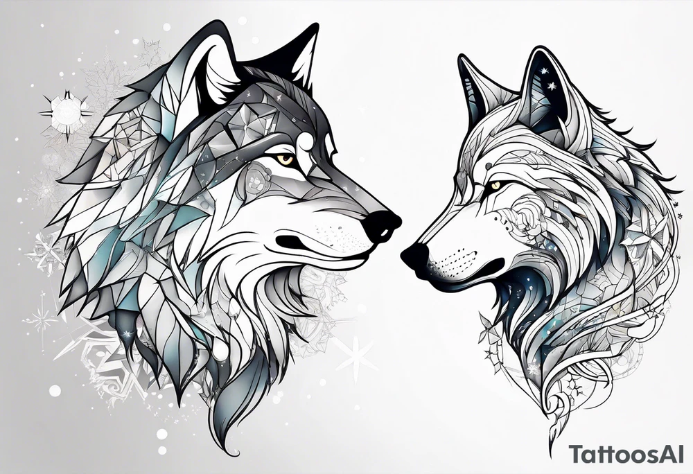 Constellation, two animal wolf, géométric, snowflake tattoo idea