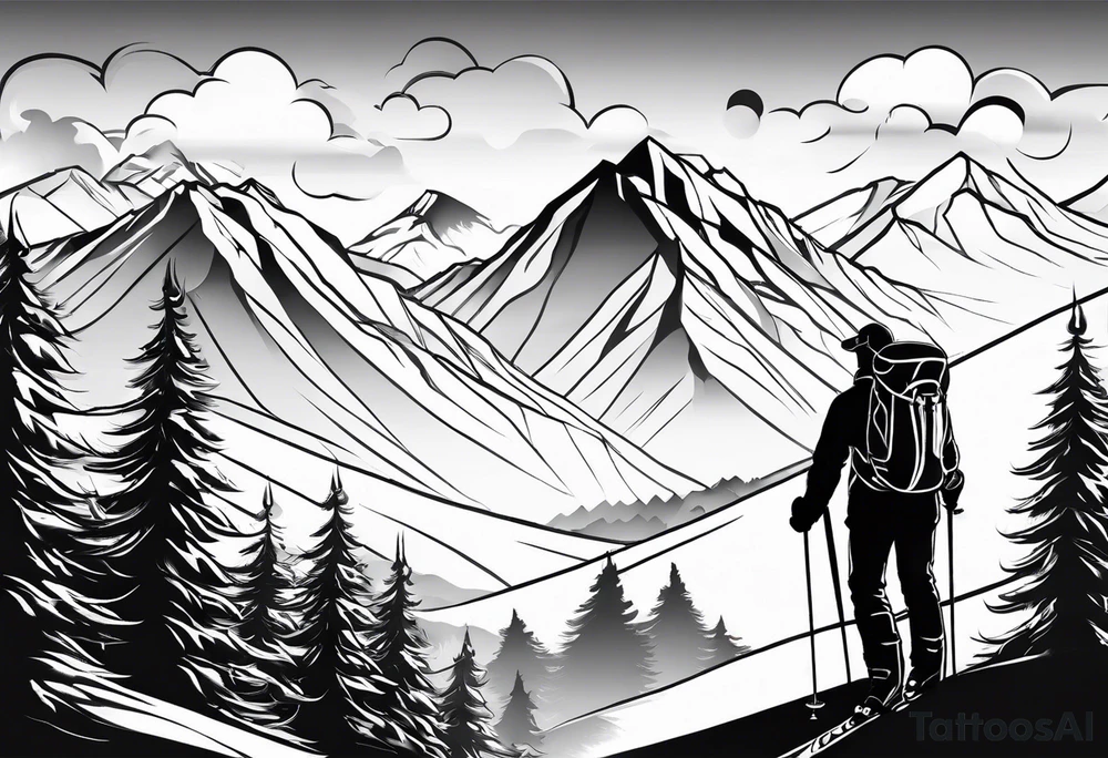 Ski god with clouds and mountains simple tattoo idea