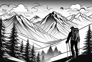 Ski god with clouds and mountains simple tattoo idea