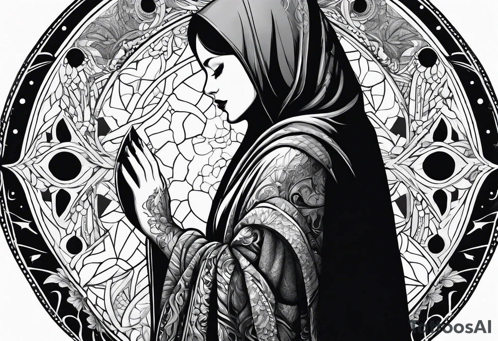 Woman in cloak praying hands side view tattoo idea
