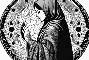 Woman in cloak praying hands side view tattoo idea