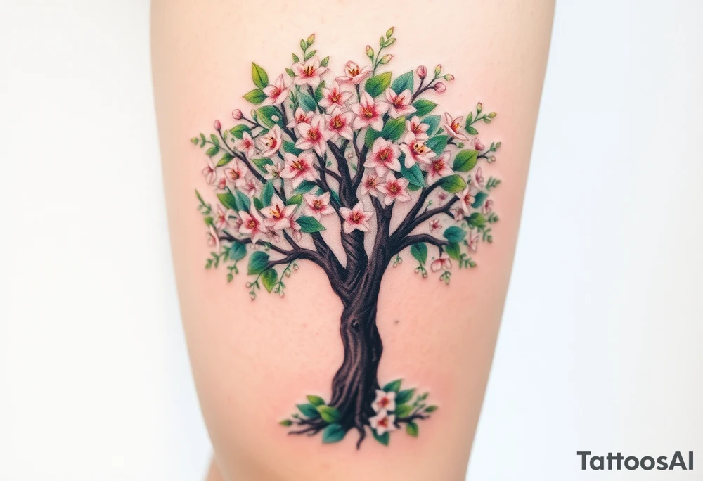 Flowering hawthorne tree with lilly of the vally around the base of tree tattoo idea