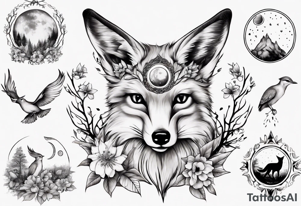 wasser sonne und mond fuchs eule kolibri wald hirsch blume des lebens tattoo idea