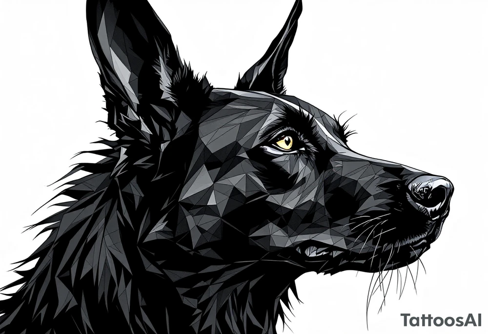 a creature that looks strongly like a black Labrador and a black German Shepard , resembling Anubis, with the tall pointy ears of a jackal, but the top of one floppy , looking back, serious and daring tattoo idea