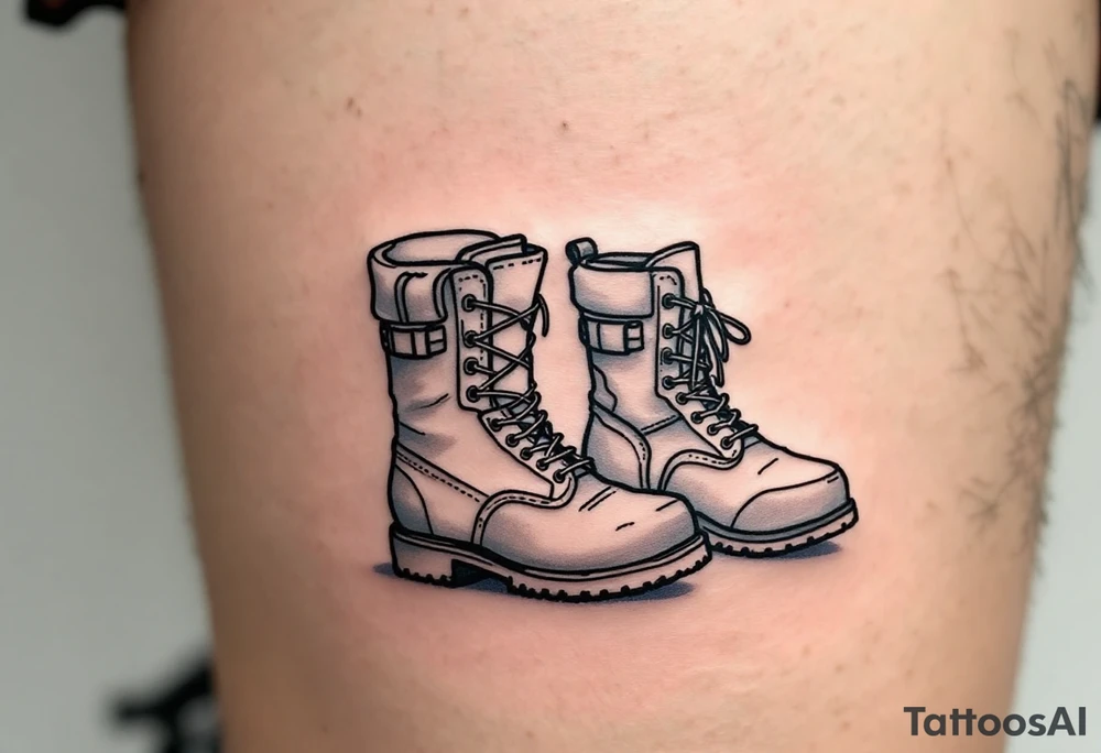 A pair of boots—one large, one tiny—side by side, outlined in black with a faint dusty blue shadow for depth. tattoo idea