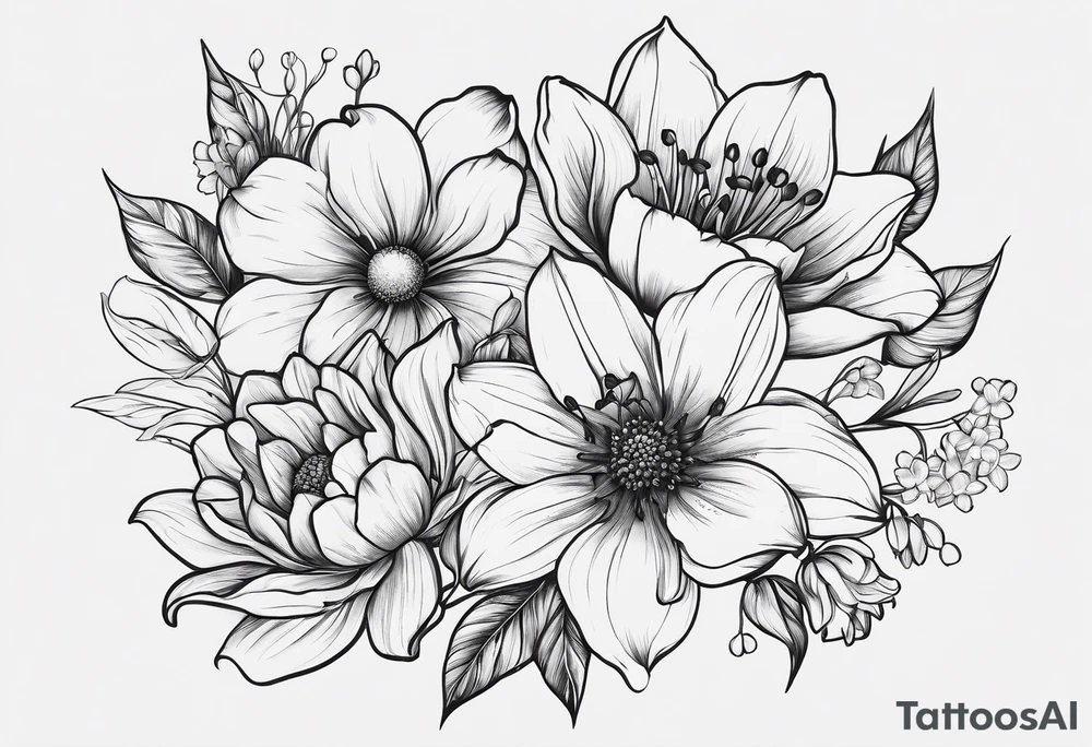Minimalist Two roses, two daisies, one daffodil, one chrysanthemum, one gladiolus, one lily of the valley tattoo idea