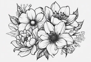 Minimalist Two roses, two daisies, one daffodil, one chrysanthemum, one gladiolus, one lily of the valley tattoo idea