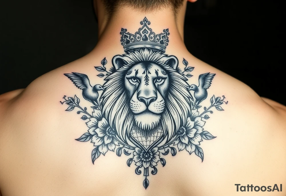 powerful majestic lion with a crown, surrounded by floral ornaments and birds tattoo idea