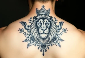 powerful majestic lion with a crown, surrounded by floral ornaments and birds tattoo idea
