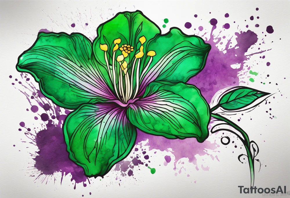 An outline of a green rio dipladenia flower and a green/purple watercolor splatter in the background tattoo idea