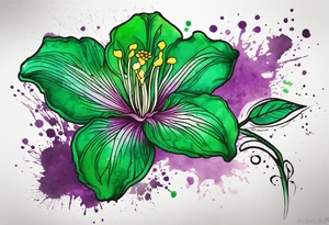 An outline of a green rio dipladenia flower and a green/purple watercolor splatter in the background tattoo idea