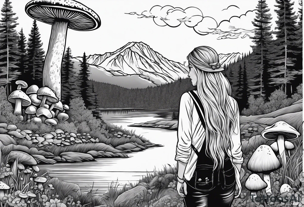 Whole picture encircled fully

Straight long blonde hair hippie girl in distance holding mushrooms in hand facing away toward mountains and creek surrounded by mushrooms long sleeve shirt and hiking pants; whole rendering within a full circle, no cut off circle tattoo idea