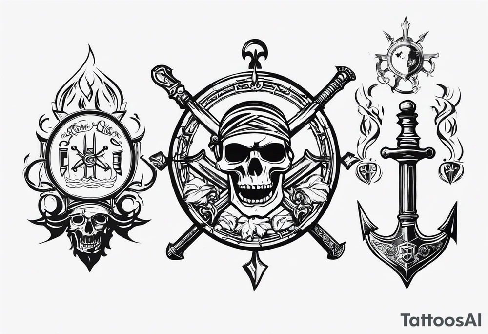 pirates of the caribbean five elements tattoo, aztec gold, davy jones key, east india company emblem, chalices and trident tattoo idea