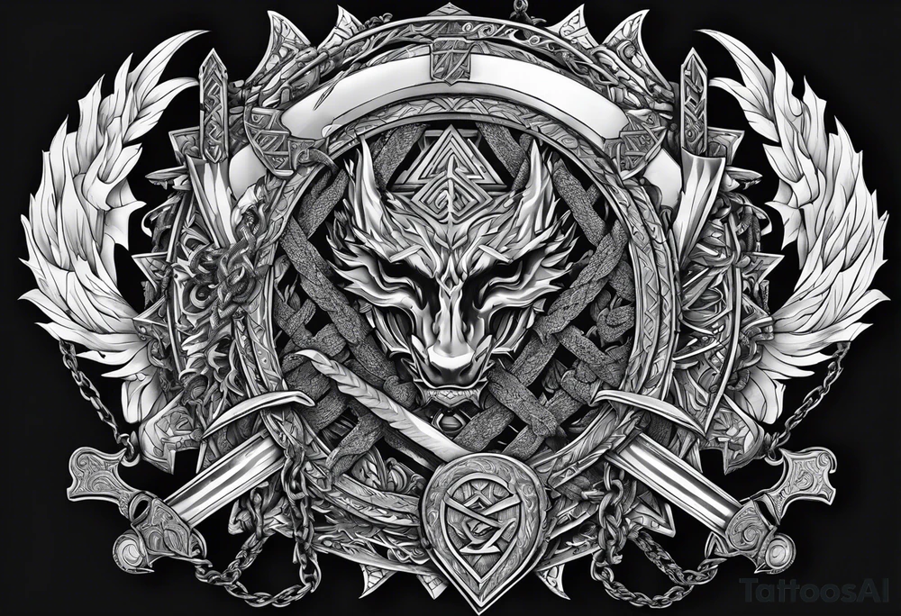 Valhalla sword shield dragon axe Valknut barbed wire chains tattoo idea