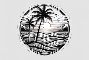 palm tree front of a sunset and waves tattoo idea