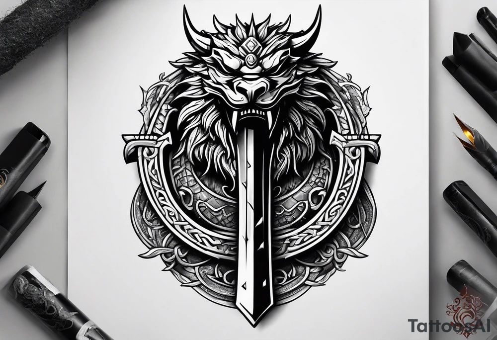 Valhalla sword shield dragon axe viking 
ship tattoo idea
