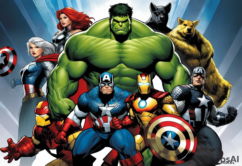 A super hero team which is combination of animals. For example:
Hulk will be represented by a Badger.
Thor will be depicted as an Alpha Grey Wolf.
Captain America will be symbolized by a Bull.
Iron Man's character will be embodied by a Canary.
Black Widow's role will be portrayed by an Axolotl.
Hawkeye will be depicted as a Sudan Plated Lizard.
Nick Fury will be represented by a Cat. tattoo idea