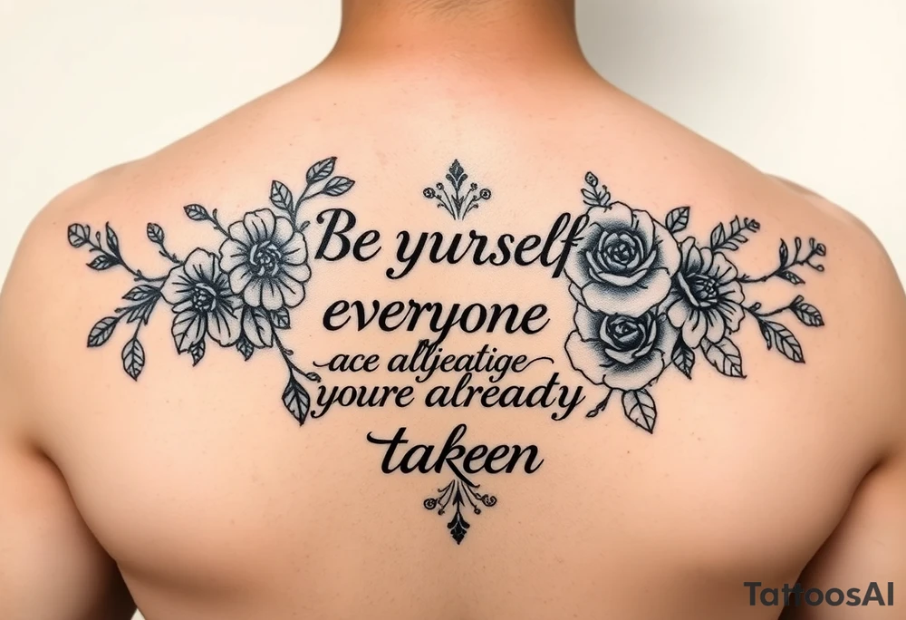 A back forearm that has vines and roses with the saying be yourself everyone else is already taken tattoo idea