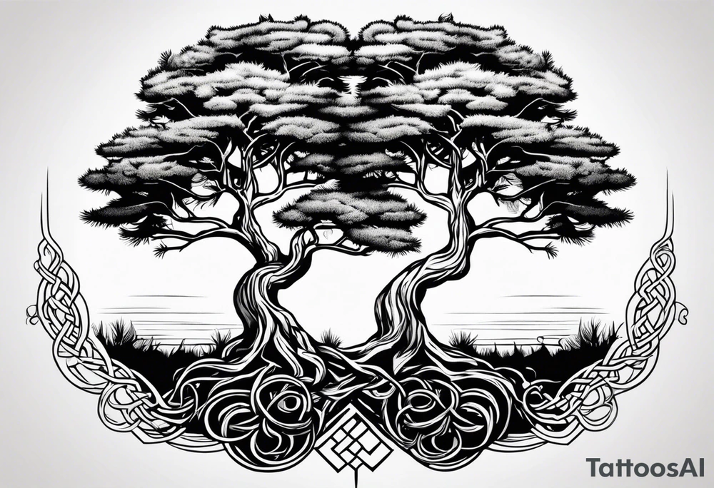 Pine tree and reflecting juniper tree on the oposite sides.  roots of both trees are entangeled in celtic trinity sign tattoo idea