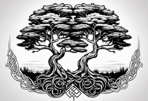 Pine tree and reflecting juniper tree on the oposite sides.  roots of both trees are entangeled in celtic trinity sign tattoo idea