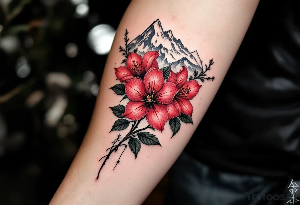 red  and black rhododendron trippy with Himalayas behind tattoo idea