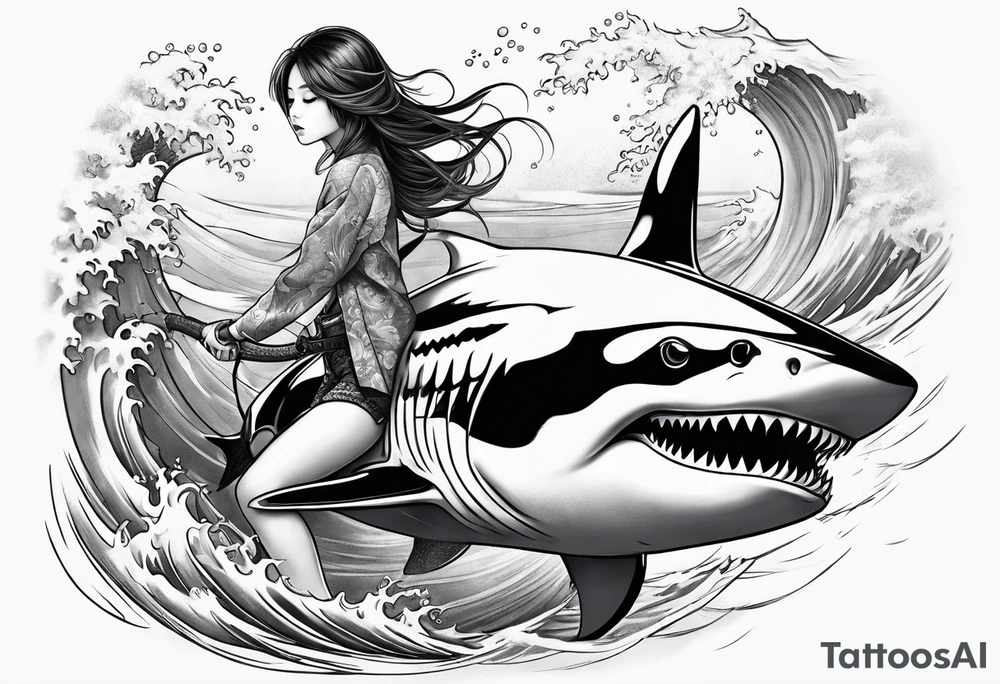 naked japanese girl riding shark tattoo idea