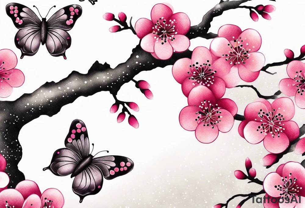 Vibrant, pink plum blossom branches with butterflies tattoo idea