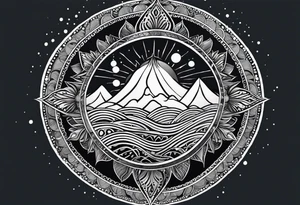 Round Mandala Design. In the Center a half moon that is dripping water Drops into the sea. Around that a sun. Around that Mountains Made of wavy lines. tattoo idea