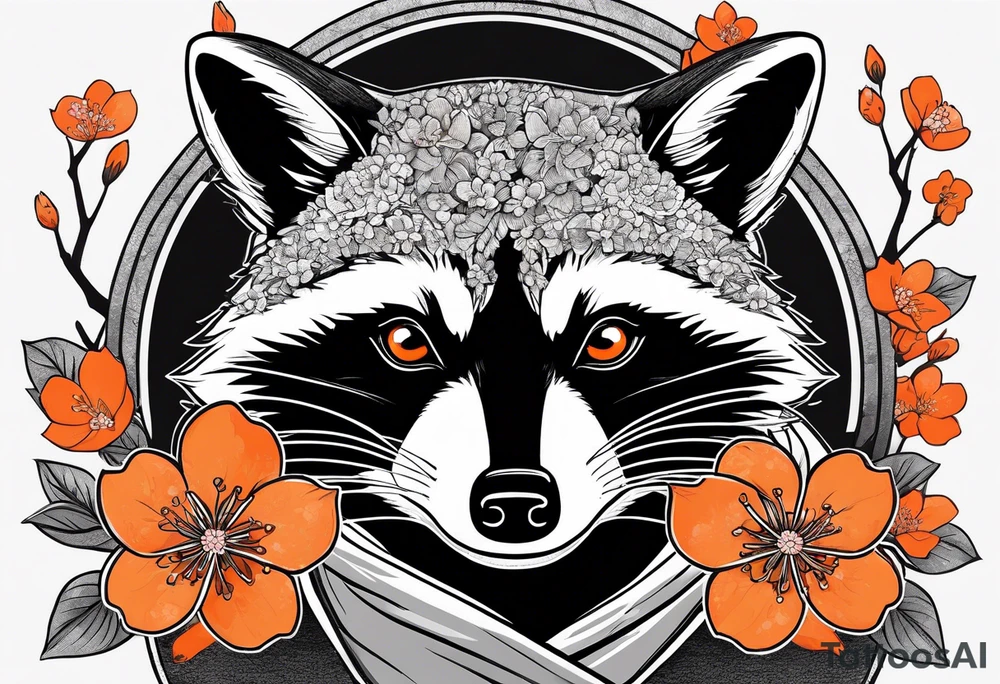Raccoon wearing a white Superman logo on a black hoodie and orange Japanese cherry blossoms beside tattoo idea