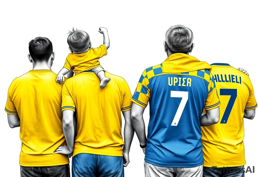 4 soccer fans from their backs, wearing yellow blue shirts. the second one from left having a kid on his shoulders, and he's rising a scarf.
the right one is older, more fat and shorter and wearing an shirt with the number 7 on it and has on his shoulders line like adidas
the left on has a yellow-blue Checkered on his shirt and he's holding a yellow-blue scarf in his right hand
make some space between the men tattoo idea