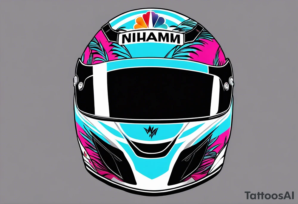 Formula 1 Helment with the Miami logo a palm tree and pink black and light blue colors tattoo idea