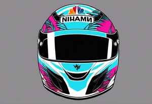 Formula 1 Helment with the Miami logo a palm tree and pink black and light blue colors tattoo idea
