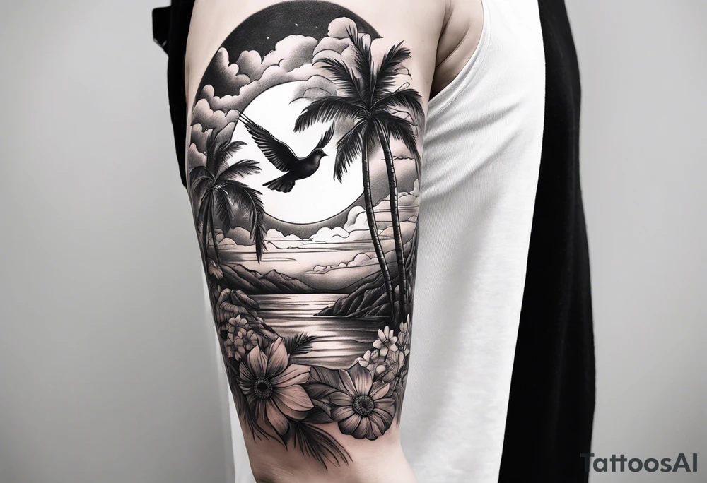 arm sleeve, clouds, dove, sun, flowers, palm trees, tattoo idea arm sleeve, clouds, dove, sun, flowers, palm trees, tattoo idea